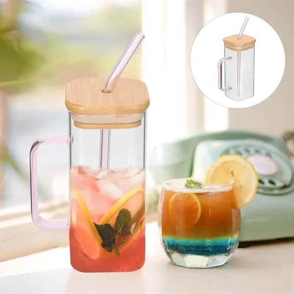 Square Glass Cup With Bamboo Lid And Straw