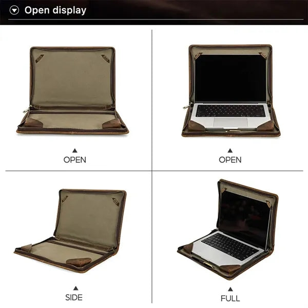 14.2" Zip Genuine Leather Laptop Bag with Handle Pen Slot