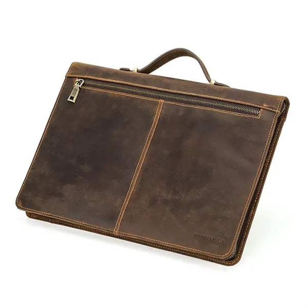 14.2" Zip Genuine Leather Laptop Bag with Handle Pen Slot