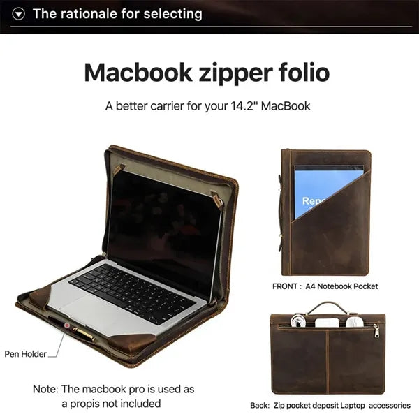 14.2" Zip Genuine Leather Laptop Bag with Handle Pen Slot