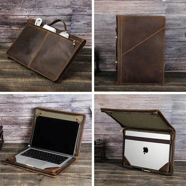14.2" Zip Genuine Leather Laptop Bag with Handle Pen Slot