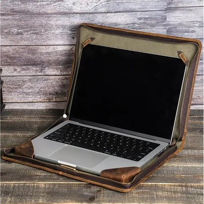 14.2" Zip Genuine Leather Laptop Bag with Handle Pen Slot