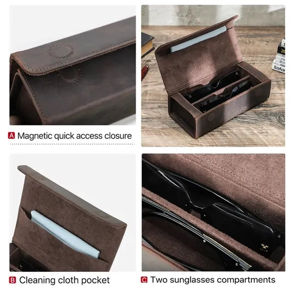 Portable Genuine Leather Eyeglass Case with Magnetic Closure