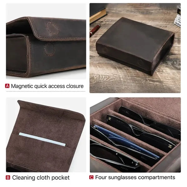 Portable Genuine Leather Eyeglass Case with Magnetic Closure