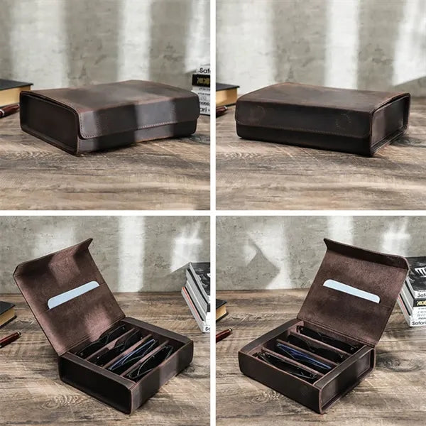Portable Genuine Leather Eyeglass Case with Magnetic Closure