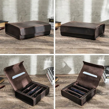 Portable Genuine Leather Eyeglass Case with Magnetic Closure