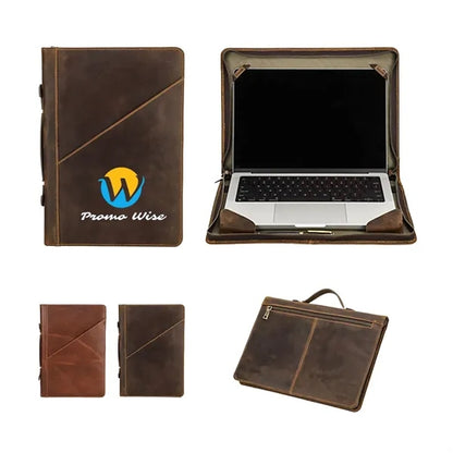14.2" Zip Genuine Leather Laptop Bag with Handle Pen Slot