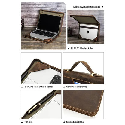 14.2" Zip Genuine Leather Laptop Bag with Handle Pen Slot