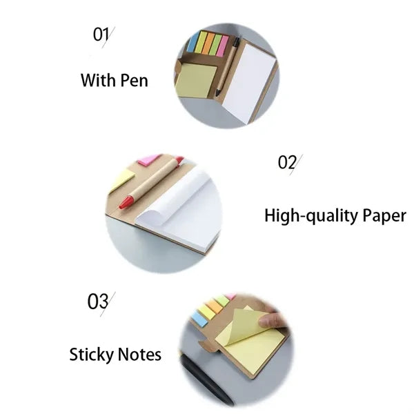 Mini Kraft Paper Cover Notepad Sticky Note Holder with Pen