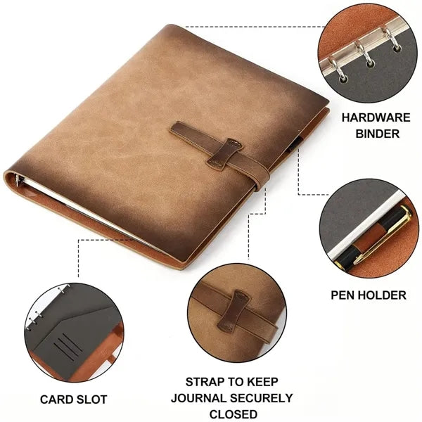 Refillable Leather Binder Notebook with Slots Lined Paper