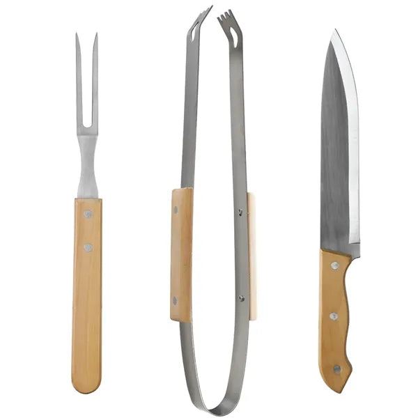 3 Piece Bamboo BBQ Grill Set w/ Carrying Case