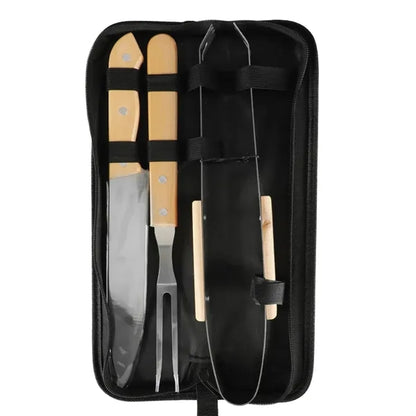 3 Piece Bamboo BBQ Grill Set w/ Carrying Case