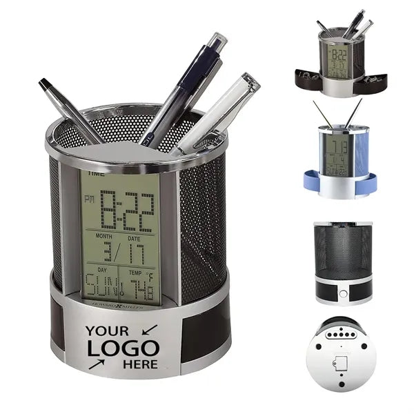 Mesh Pen Pencil Holder with Digital LCD Office Desk Alarm
