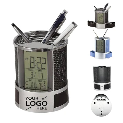 Mesh Pen Pencil Holder with Digital LCD Office Desk Alarm