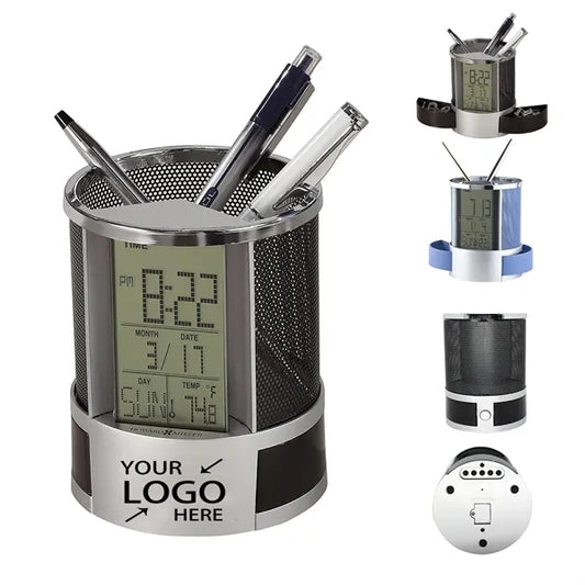 Mesh Pen Pencil Holder with Digital LCD Office Desk Alarm