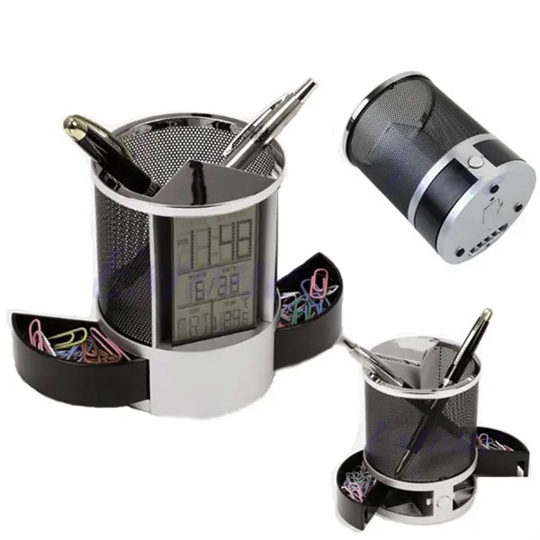 Mesh Pen Pencil Holder with Digital LCD Office Desk Alarm