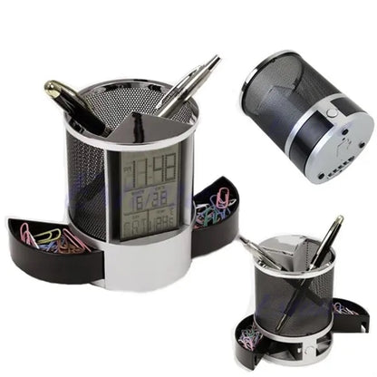 Mesh Pen Pencil Holder with Digital LCD Office Desk Alarm