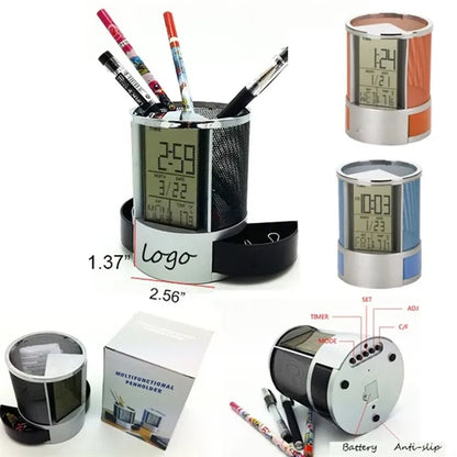 Mesh Pen Pencil Holder with Digital LCD Office Desk Alarm