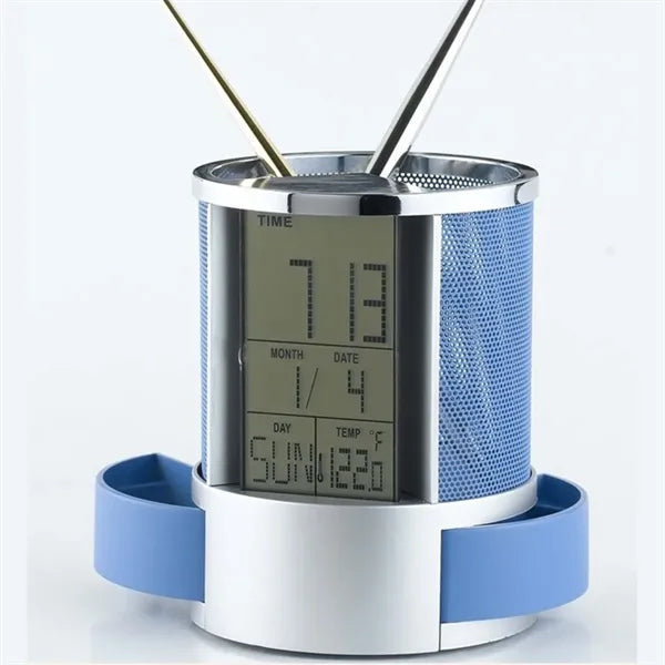 Mesh Pen Pencil Holder with Digital LCD Office Desk Alarm