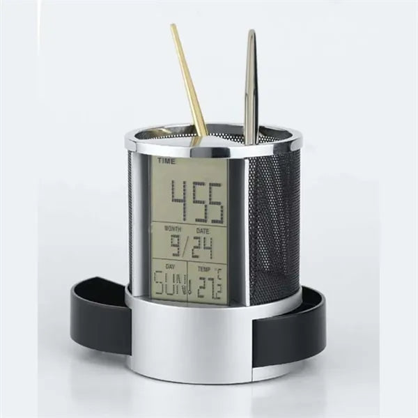 Mesh Pen Pencil Holder with Digital LCD Office Desk Alarm