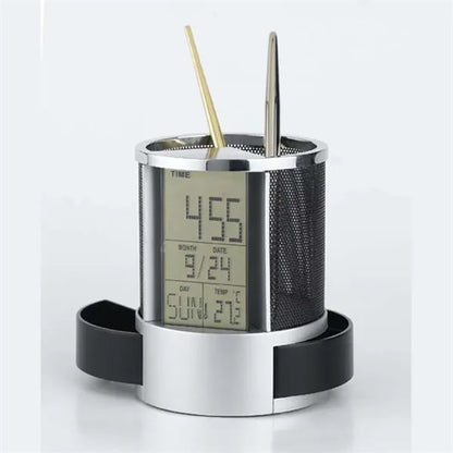 Mesh Pen Pencil Holder with Digital LCD Office Desk Alarm