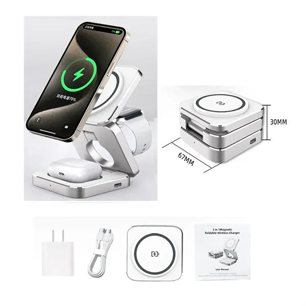 15W 3 In 1 Foldable Magnetic Wireless Charger With Adaptor