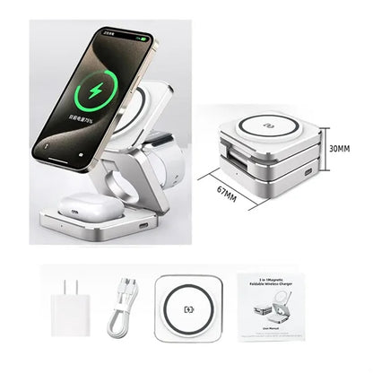 15W 3 In 1 Foldable Magnetic Wireless Charger With Adaptor