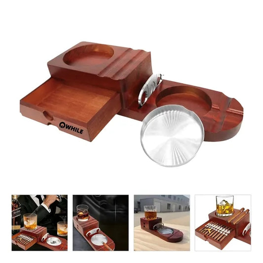 Wooden Cigar Humidor Ashtray Coaster Whiskey Glass Tray Set