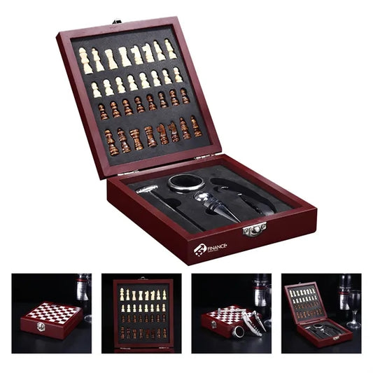 Black Wooden Box Wine Accessories With Chess Set