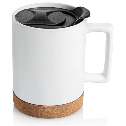 14 oz. Cork Base Ceramic Dishwasher-Safe Mug w/ Lid & Handle