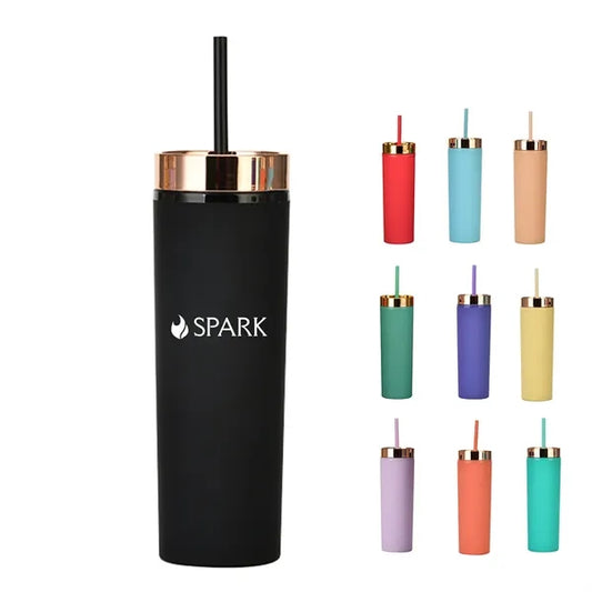16oz Double-Wall Plastic Tumbler with Straw