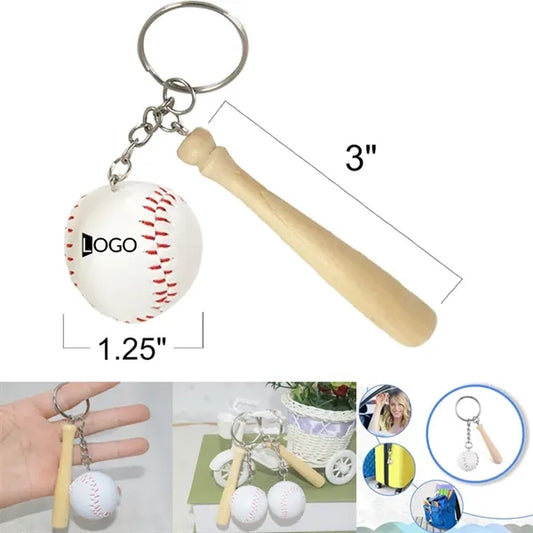 Wooden Bat with Baseball Keychain