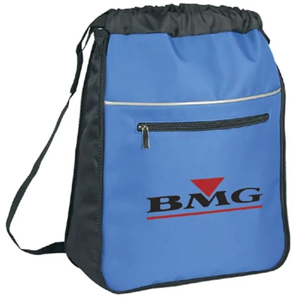 600D Polyester Drawstring Sports Backpack w/ Zipper Pockets