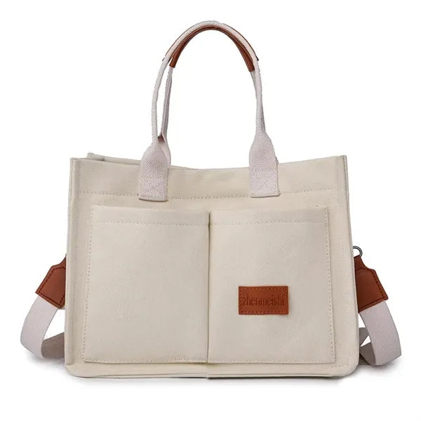 Multi-Pocket Canvas Tote Bag