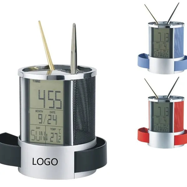 Mesh pen pencil holder with alarm clock