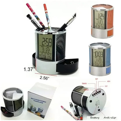 Mesh pen pencil holder with alarm clock