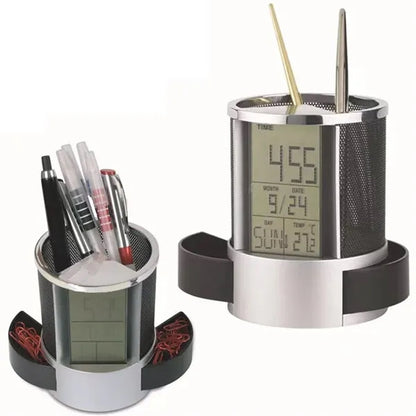 Mesh pen pencil holder with alarm clock