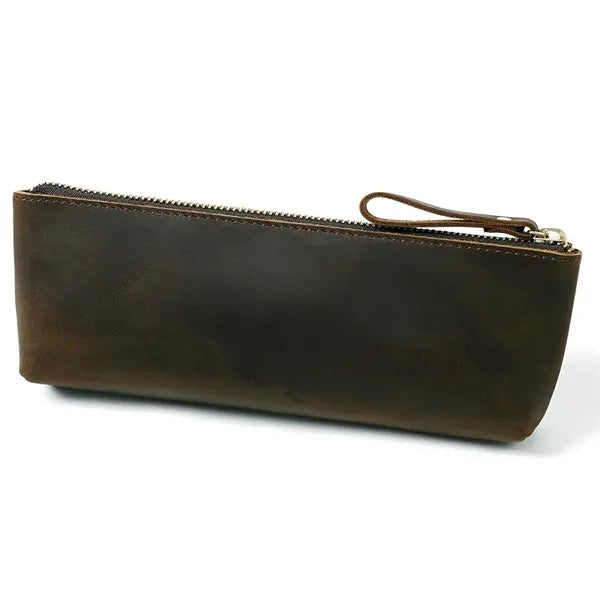 Genuine Leather Zipper Pencil Case Pen Pouch
