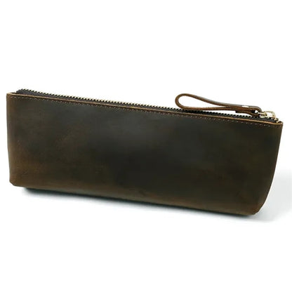 Genuine Leather Zipper Pencil Case Pen Pouch