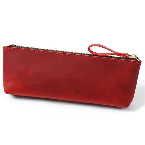 Genuine Leather Zipper Pencil Case Pen Pouch
