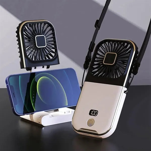 3-in-1 Folding  Fan Power Bank with Neck Strap Phone Stand