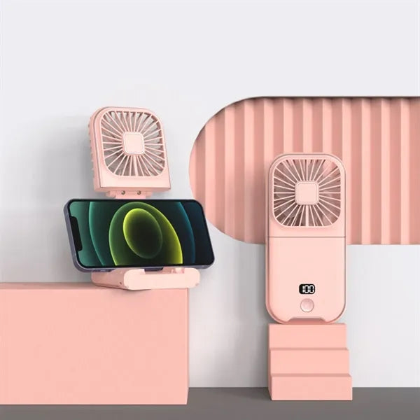 3-in-1 Folding  Fan Power Bank with Neck Strap Phone Stand