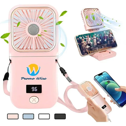 3-in-1 Folding  Fan Power Bank with Neck Strap Phone Stand