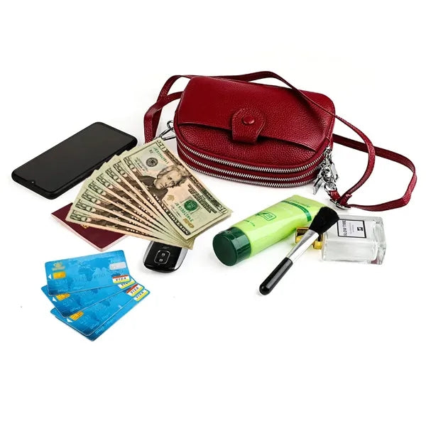 Leather Zipped Crossbody Bag Wallet with Adjustable Strap