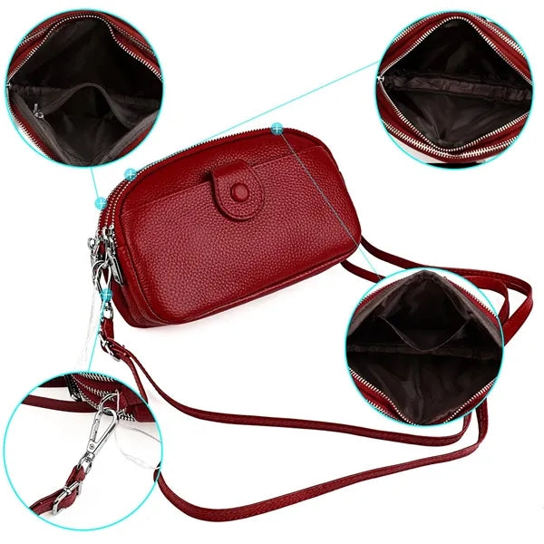Leather Zipped Crossbody Bag Wallet with Adjustable Strap