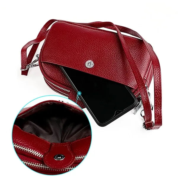 Leather Zipped Crossbody Bag Wallet with Adjustable Strap