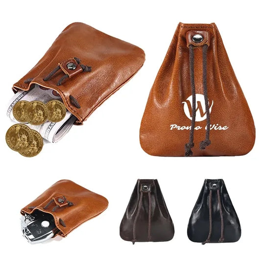 Mini Vintage Leather Drawstring Pouch Coin Organizer