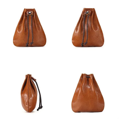Mini Vintage Leather Drawstring Pouch Coin Organizer