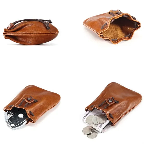 Mini Vintage Leather Drawstring Pouch Coin Organizer