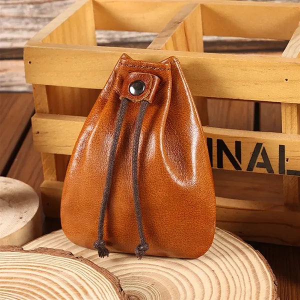 Mini Vintage Leather Drawstring Pouch Coin Organizer
